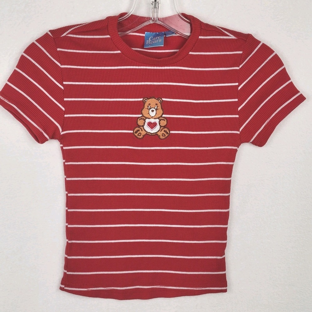 Care Bears Striped Baby Tee Shirt Women XS Red White Ribbed Tenderheart Bear